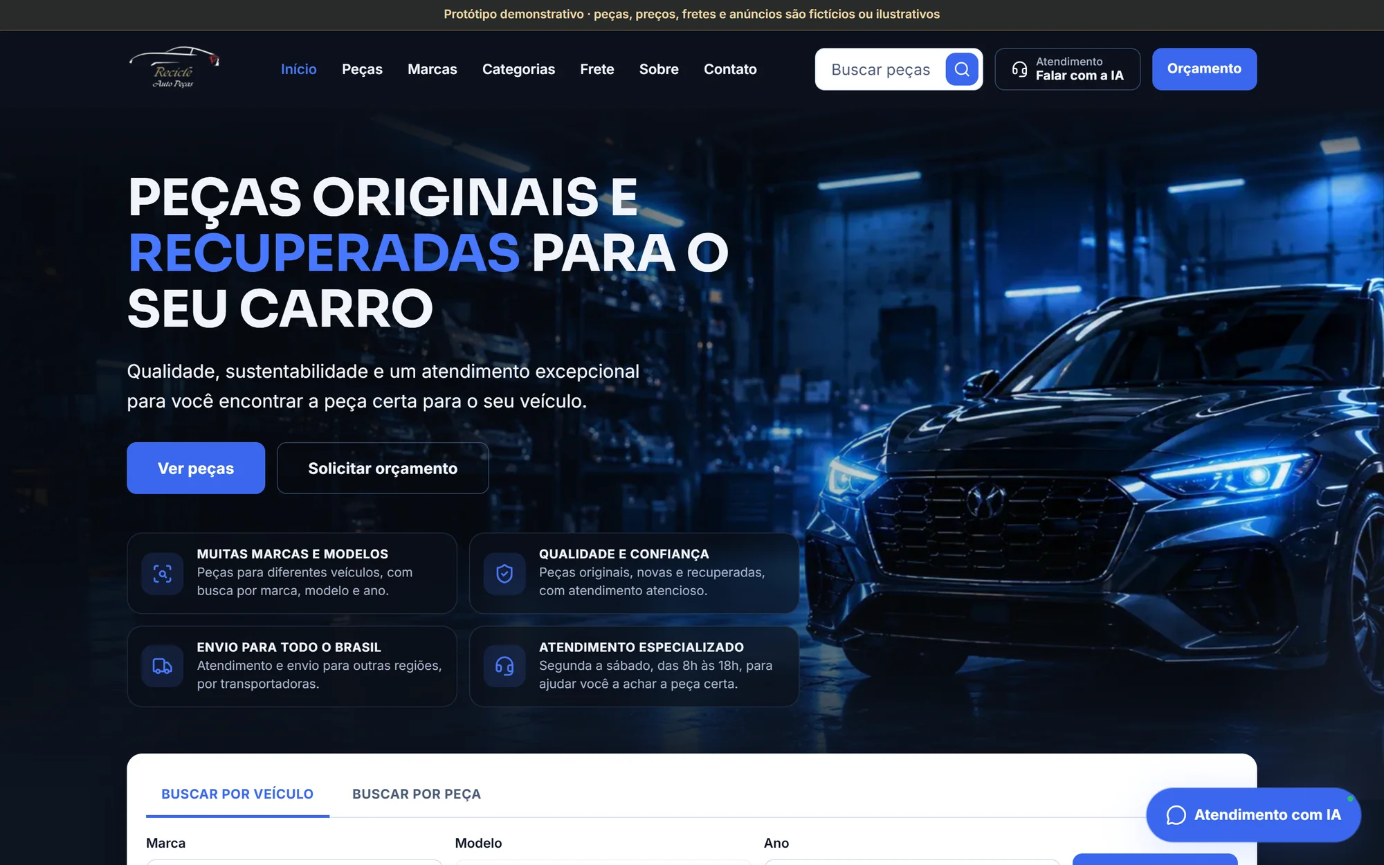 Site de demonstração da Recicle Auto Peças em um notebook: página inicial com busca de peças por veículo.